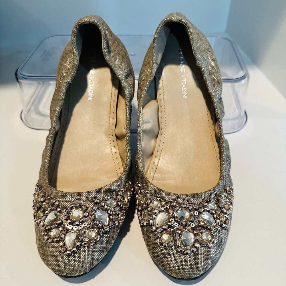 New Adrienne Vittadini Ballet Flats Khaki/Linen w/Jeweled Toe, Size 7 1/2, NWOB